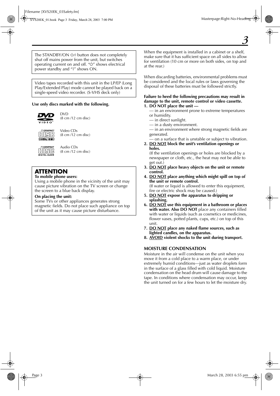 Attention | JVC HR-XVS20EK User Manual | Page 3 / 100