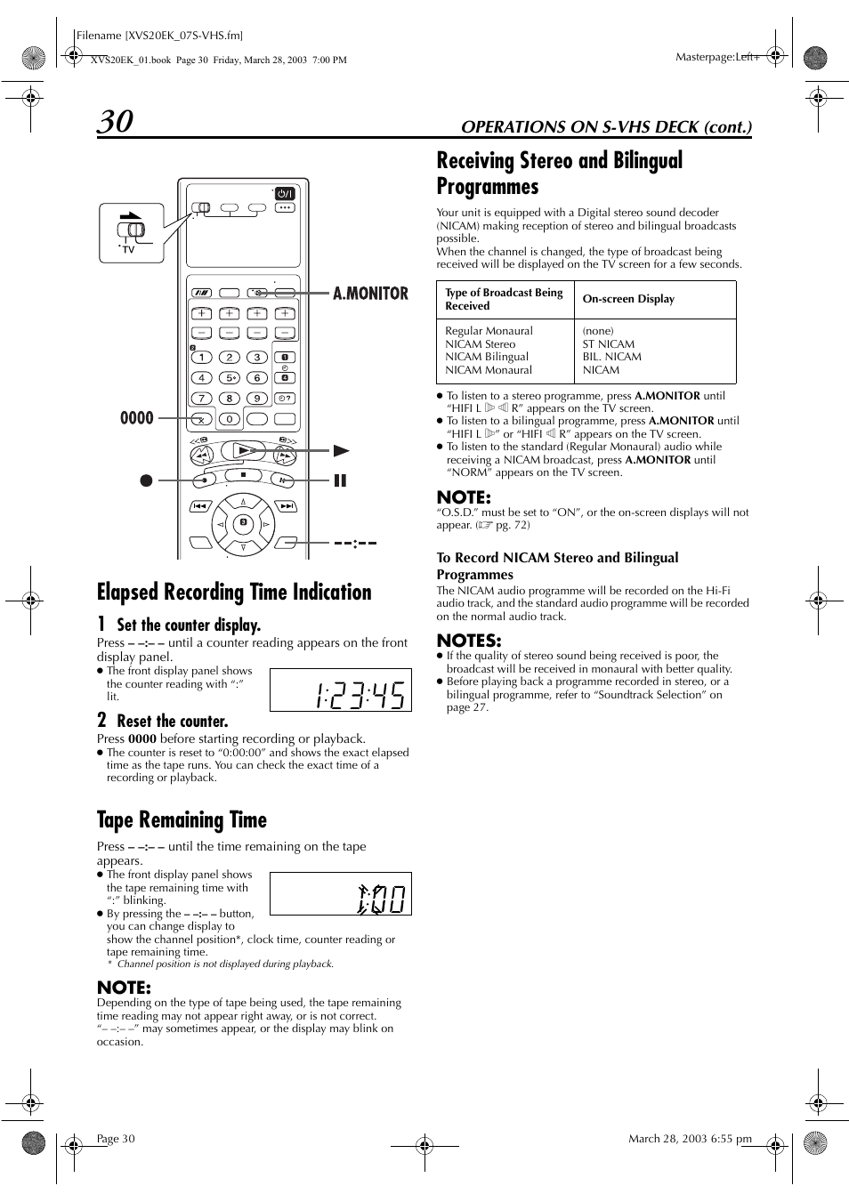 Elapsed recording time indication, Tape remaining time, Receiving stereo and bilingual programmes | Pg. 30, Operations on s-vhs deck (cont.), Set the counter display, Reset the counter | JVC HR-XVS20EK User Manual | Page 30 / 100