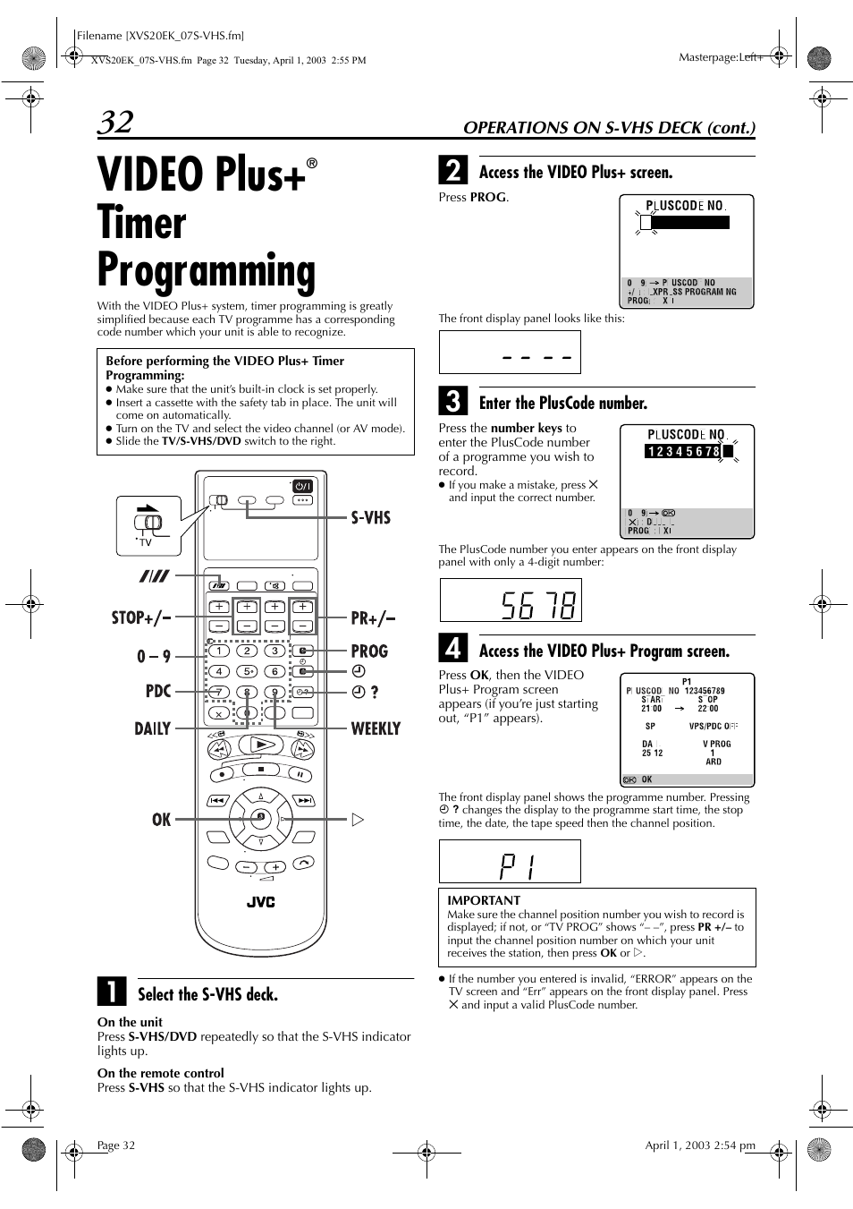 Video plus+® timer programming, Video plus, Pg. 32 | Mming, Pg. 32), Pg. 32, “video plus, Timer programming”) (s-vhs dec, Timer programming | JVC HR-XVS20EK User Manual | Page 32 / 100