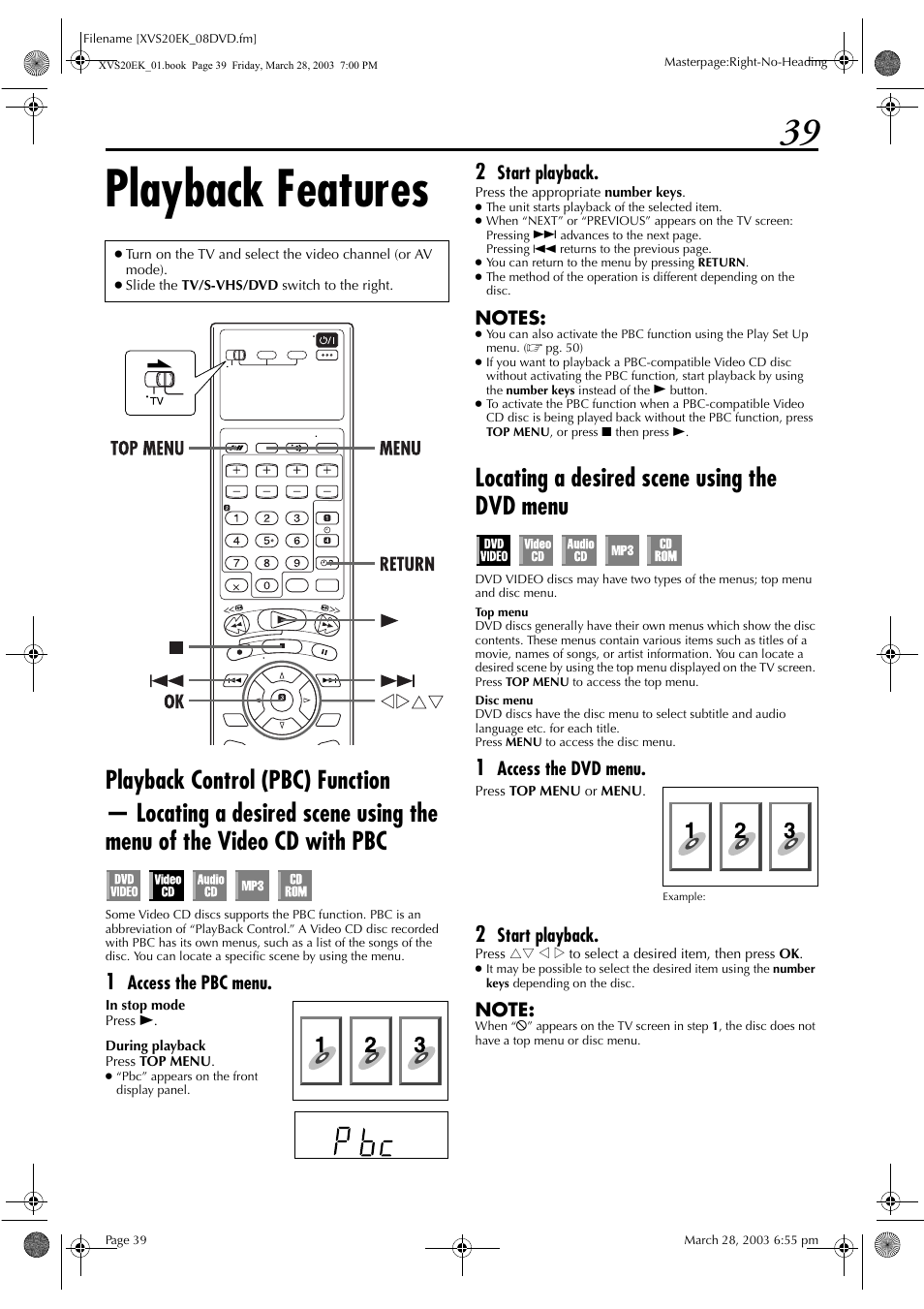 Playback features, Playback control (pbc) function, Locating a desired scene using the dvd menu | Pg. 39, Pg. 39) or “locating a desired, Scene using the dvd menu, Pg. 39), Access the pbc menu, Start playback, Access the dvd menu | JVC HR-XVS20EK User Manual | Page 39 / 100
