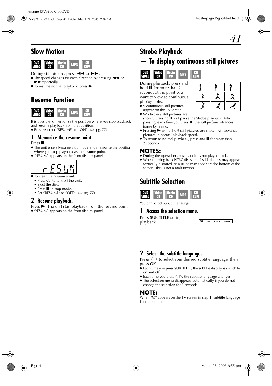 Slow motion, Resume function, Strobe playback | Subtitle selection, Pg. 41, R details, see “resume function” on p, Resume playback, Access the selection menu, Select the subtitle language | JVC HR-XVS20EK User Manual | Page 41 / 100