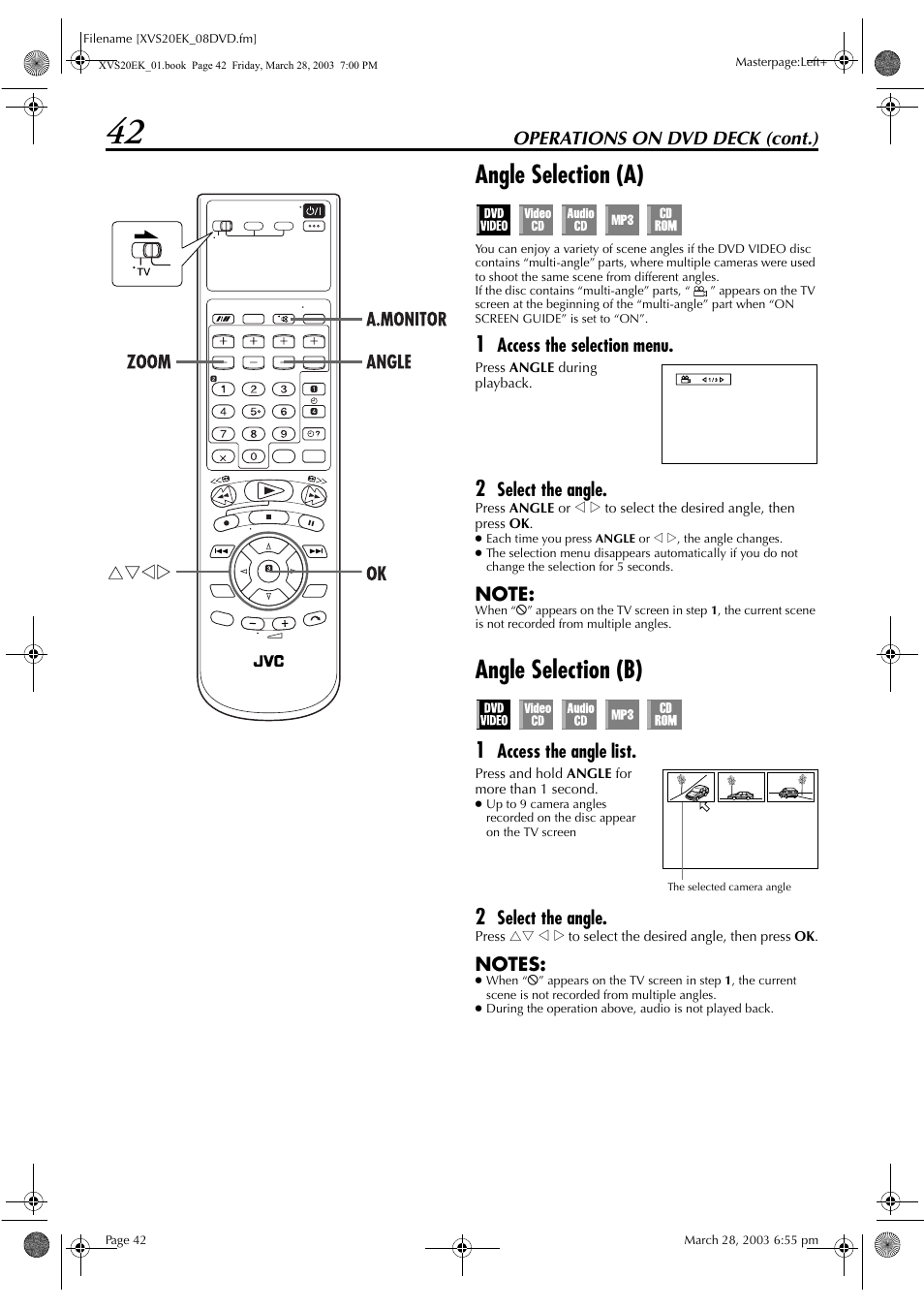 Angle selection (a), Angle selection (b), Pg. 42 | 1 , sub | JVC HR-XVS20EK User Manual | Page 42 / 100