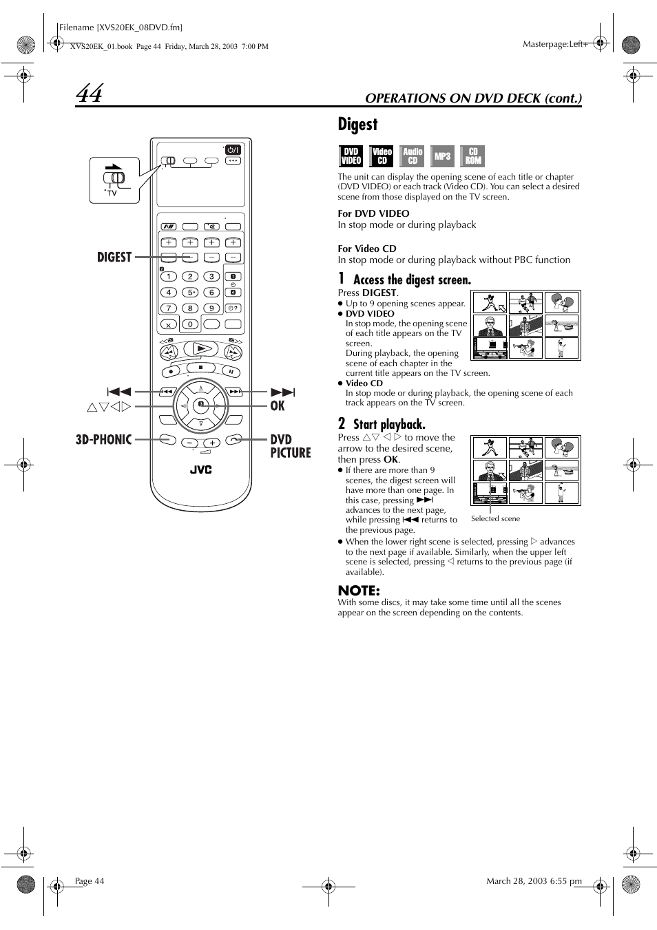 Digest, Pg. 44, Operations on dvd deck (cont.) | Access the digest screen, Start playback | JVC HR-XVS20EK User Manual | Page 44 / 100