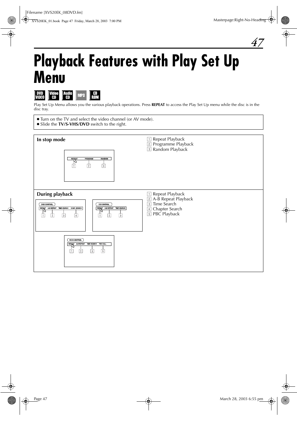 Playback features with play set up menu | JVC HR-XVS20EK User Manual | Page 47 / 100