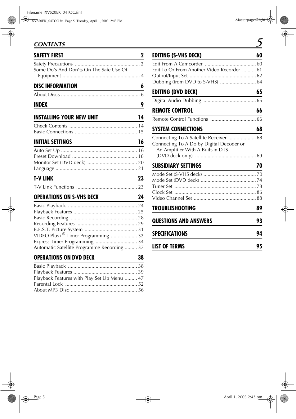 JVC HR-XVS20EK User Manual | Page 5 / 100