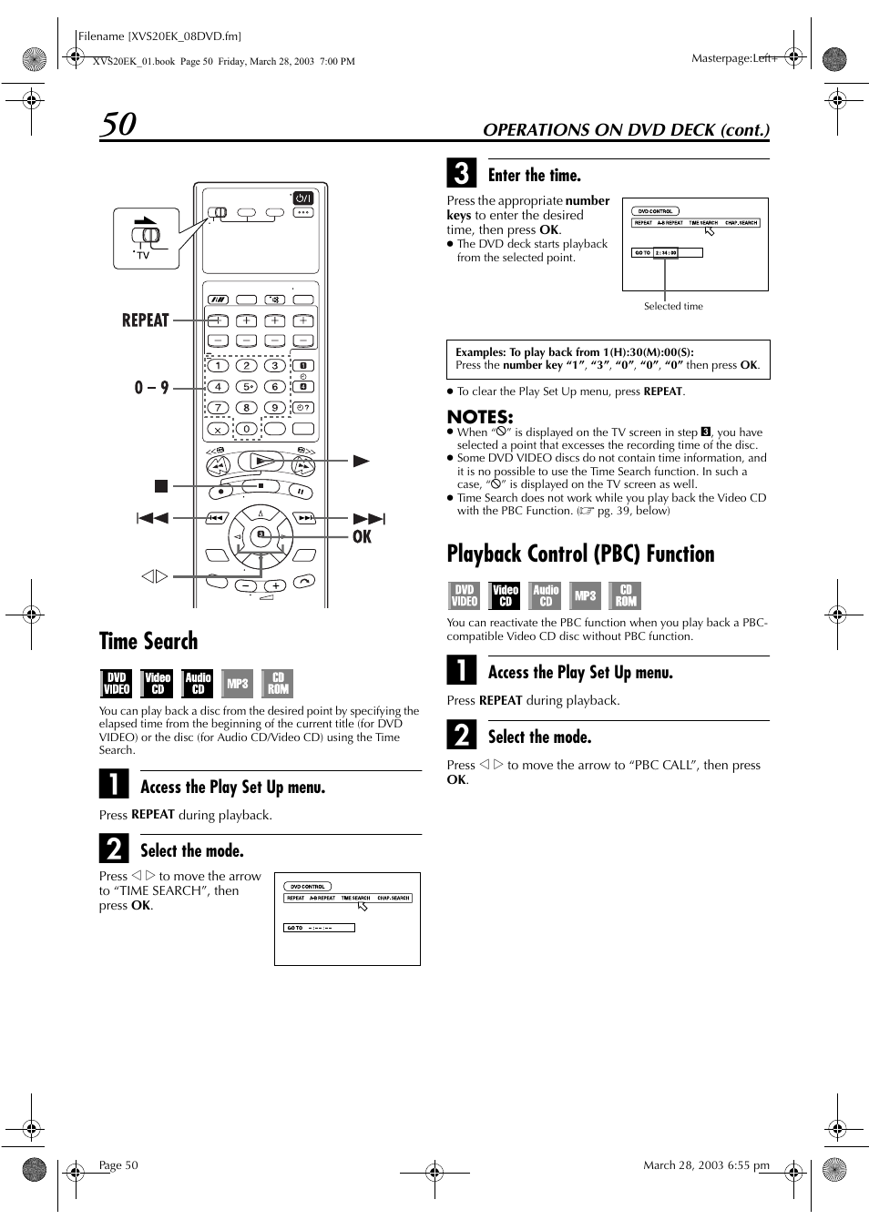 Time search, Playback control (pbc) function, Menu | Pg. 50) | JVC HR-XVS20EK User Manual | Page 50 / 100