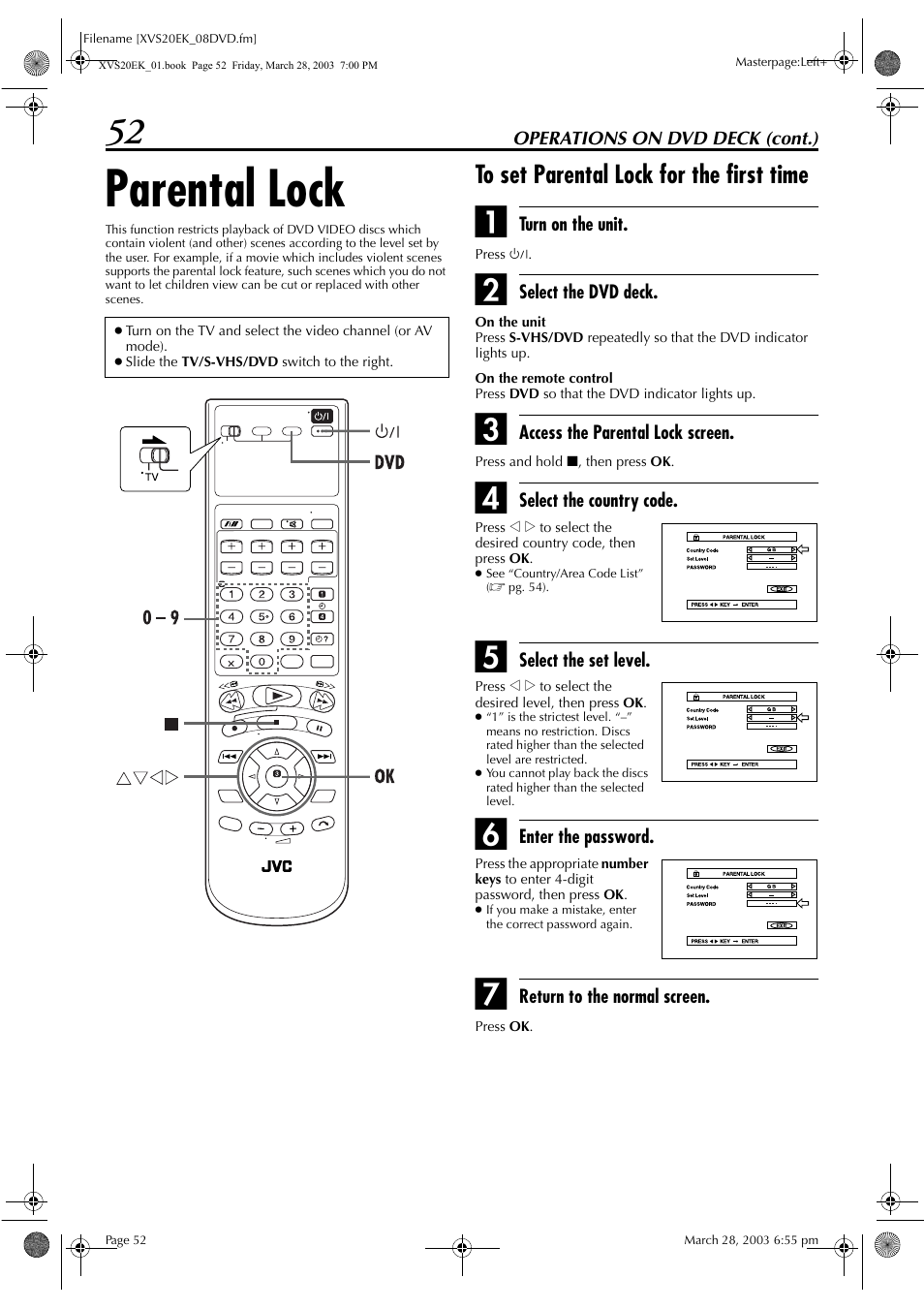 Parental lock, To set parental lock for the first time, To “parental lock | Pg. 52) | JVC HR-XVS20EK User Manual | Page 52 / 100