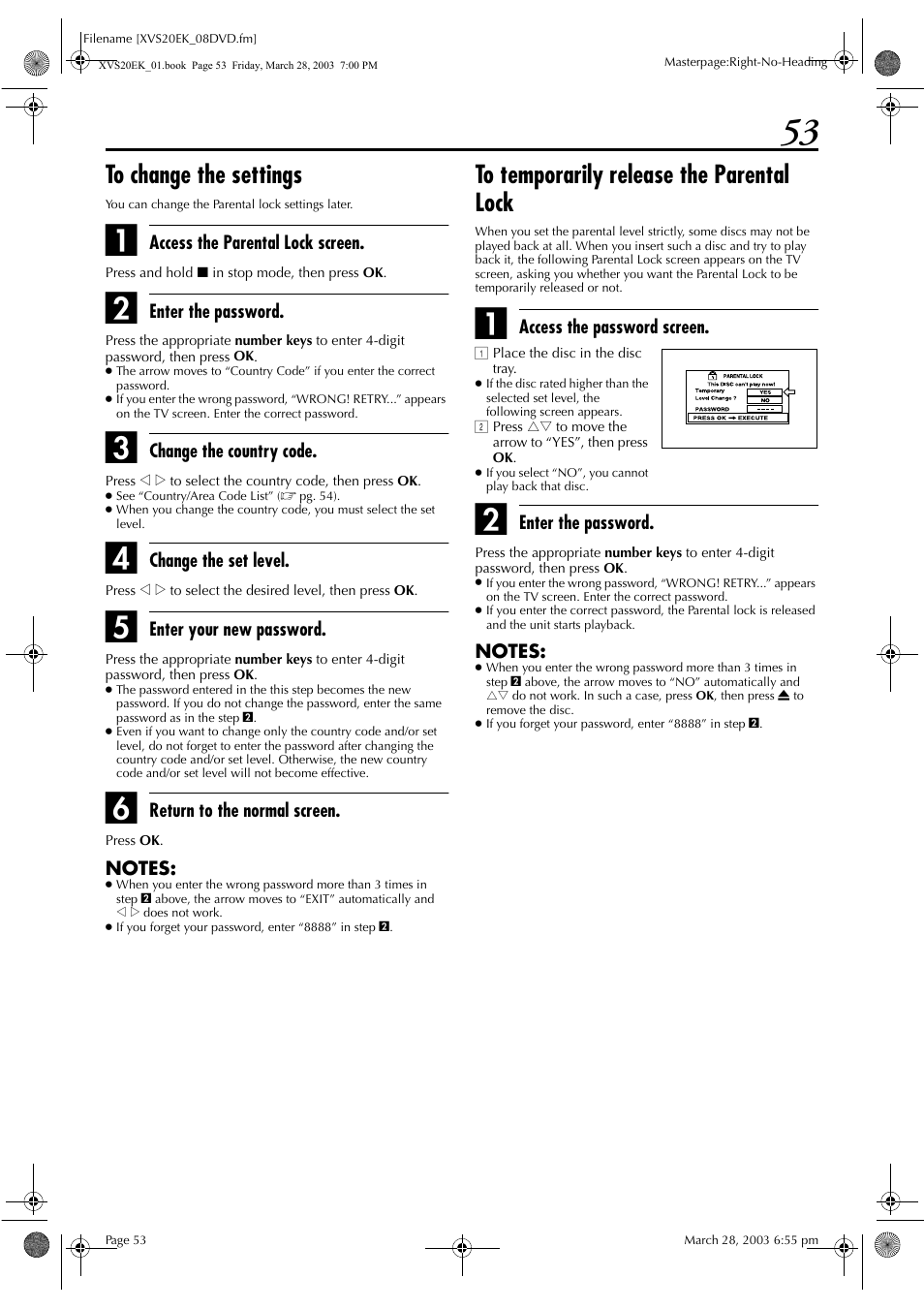 To change the settings, To temporarily release the parental lock | JVC HR-XVS20EK User Manual | Page 53 / 100