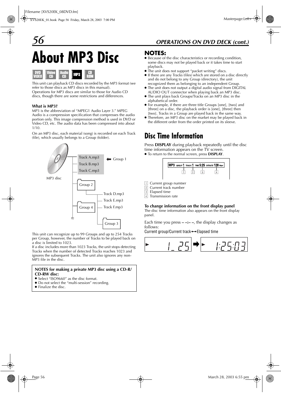 About mp3 disc, Disc time information, Ges 56 | Operations on dvd deck (cont.) | JVC HR-XVS20EK User Manual | Page 56 / 100