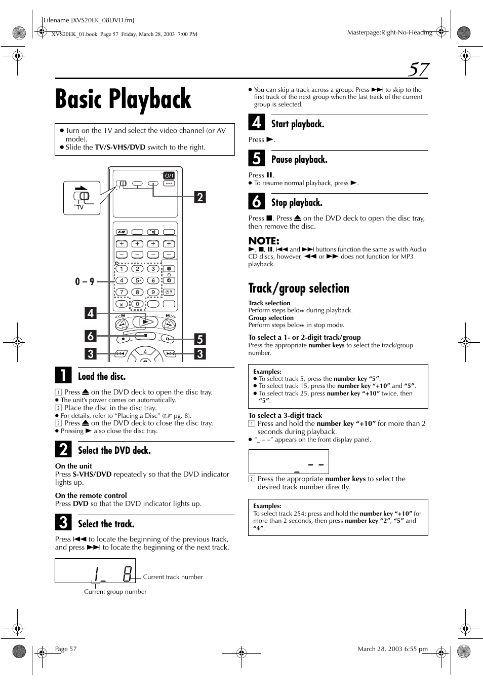 Basic playback, Track/group selection, Editing (s-vhs deck) | JVC HR-XVS20EK User Manual | Page 57 / 100