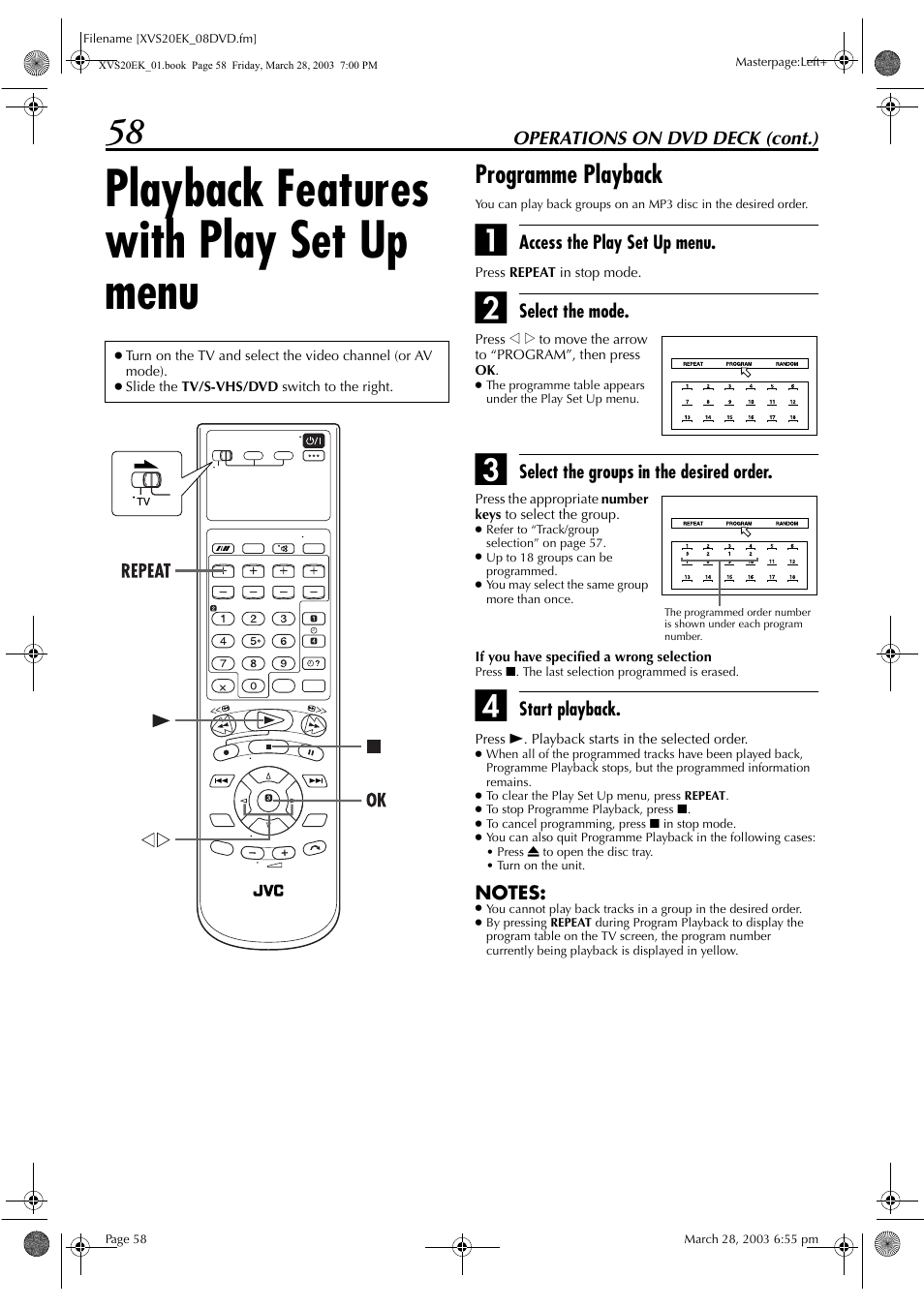Playback features with play set up menu, Programme playback | JVC HR-XVS20EK User Manual | Page 58 / 100