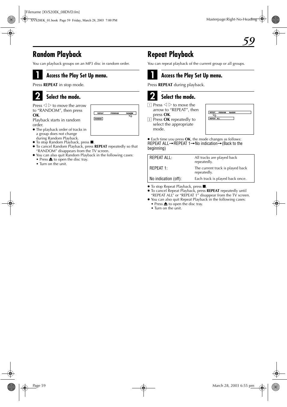 Random playback, Repeat playback | JVC HR-XVS20EK User Manual | Page 59 / 100