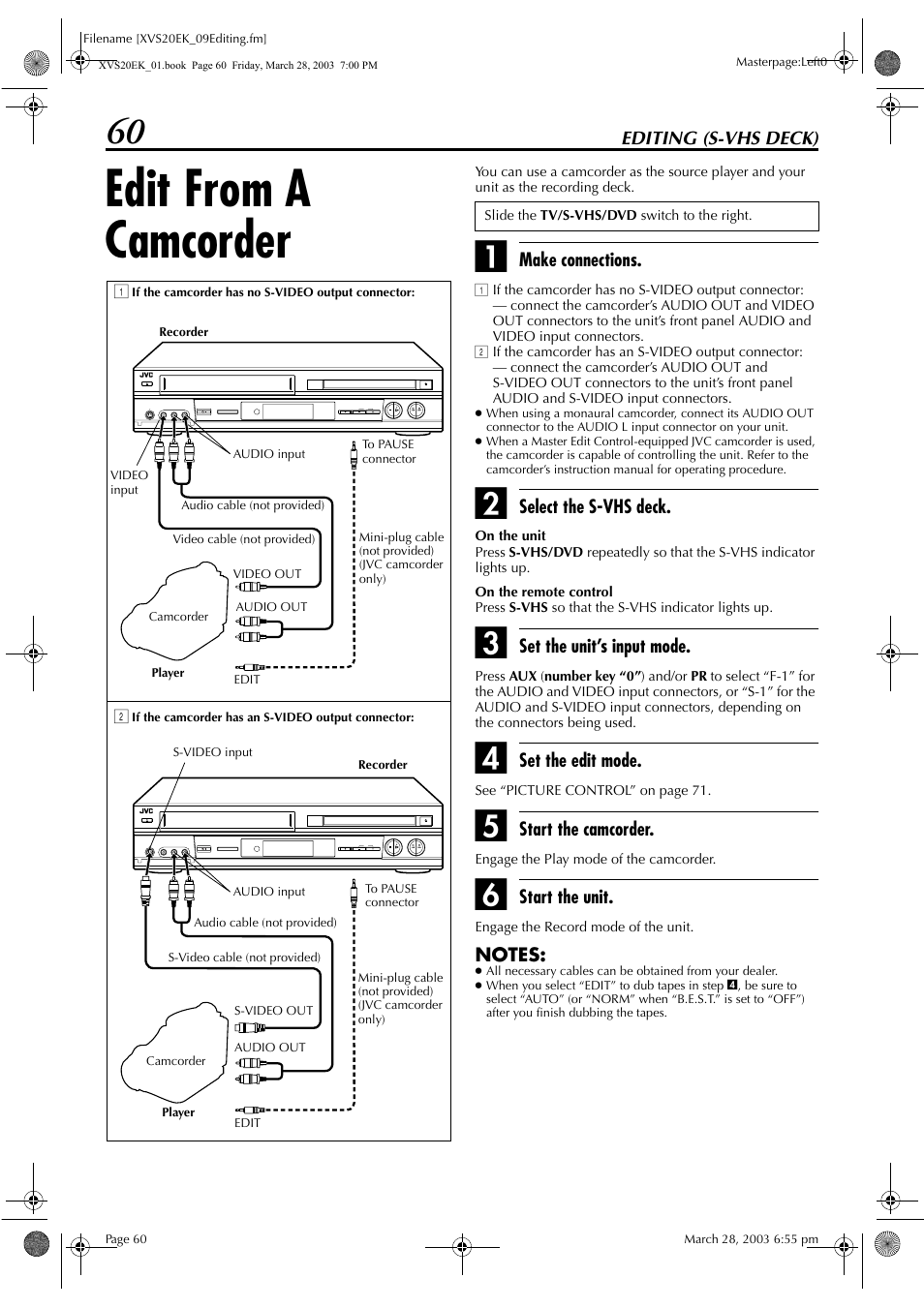 Editing (s-vhs deck), Edit from a camcorder, Pg. 60 | JVC HR-XVS20EK User Manual | Page 60 / 100