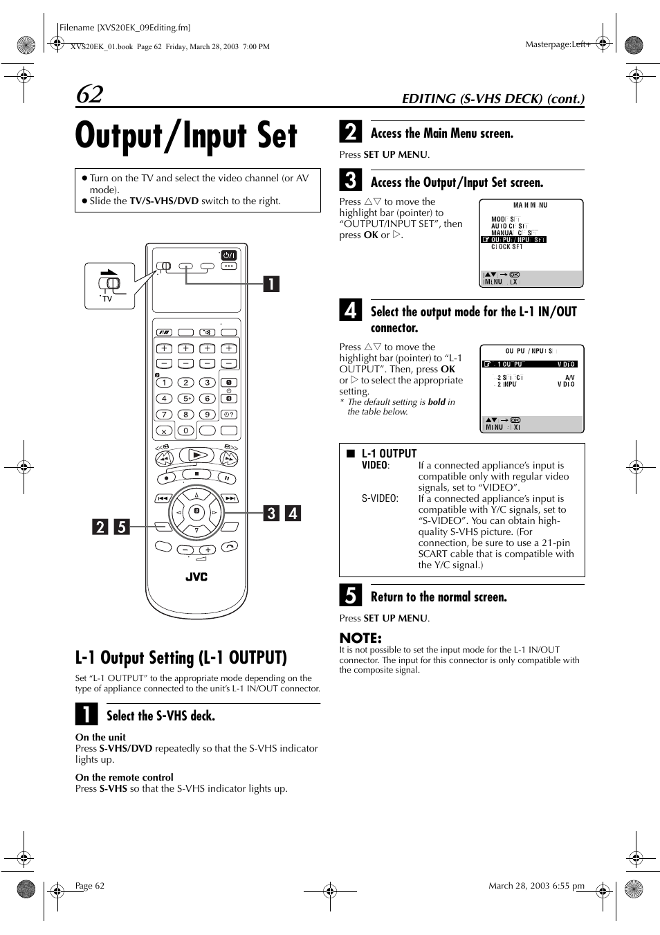 Output/input set, L-1 output setting (l-1 output), Pg. 62) | JVC HR-XVS20EK User Manual | Page 62 / 100