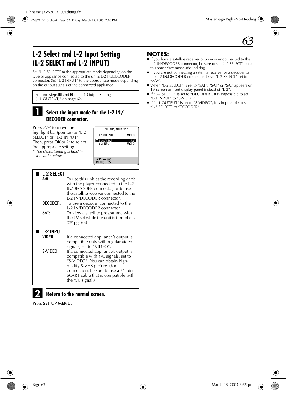 Pg. 63), Pg. 63), “sa, Return to the normal screen | JVC HR-XVS20EK User Manual | Page 63 / 100