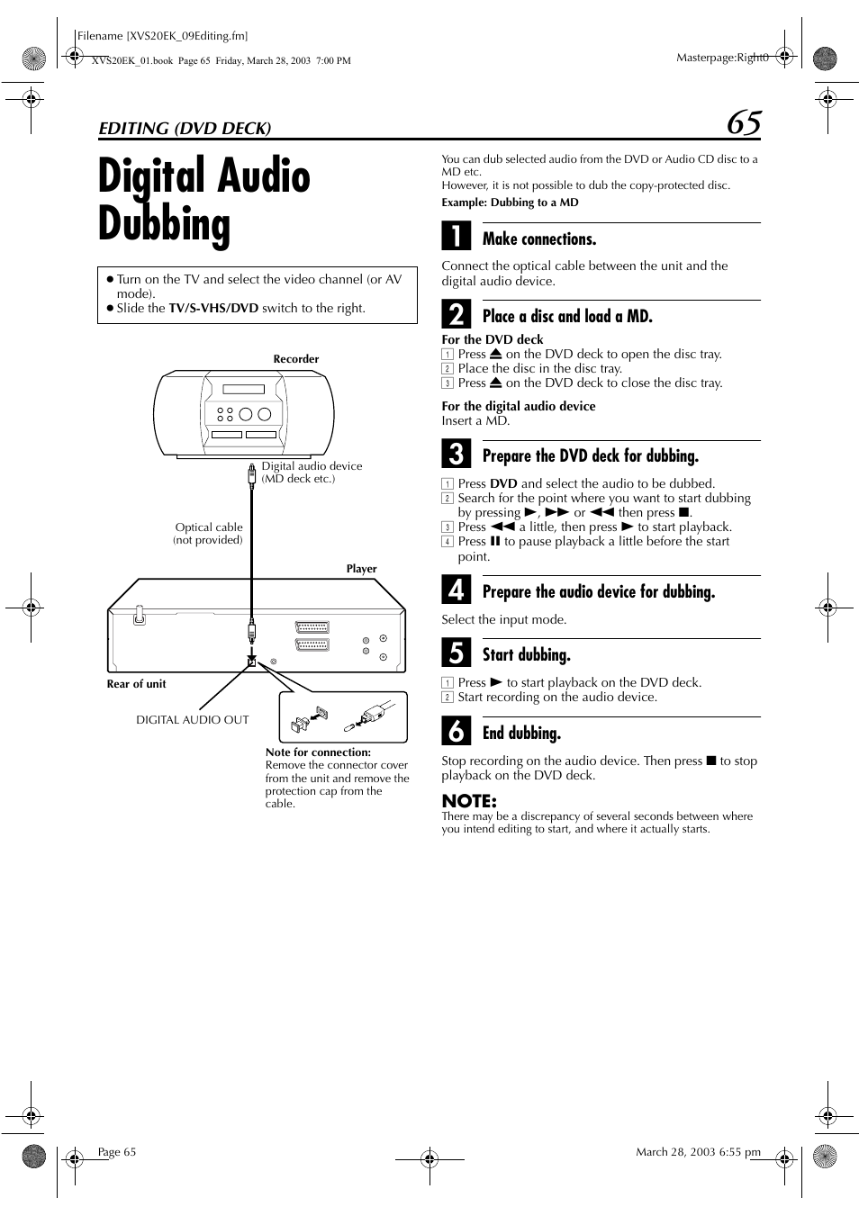 Editing (dvd deck), Digital audio dubbing, Pg. 65 | JVC HR-XVS20EK User Manual | Page 65 / 100