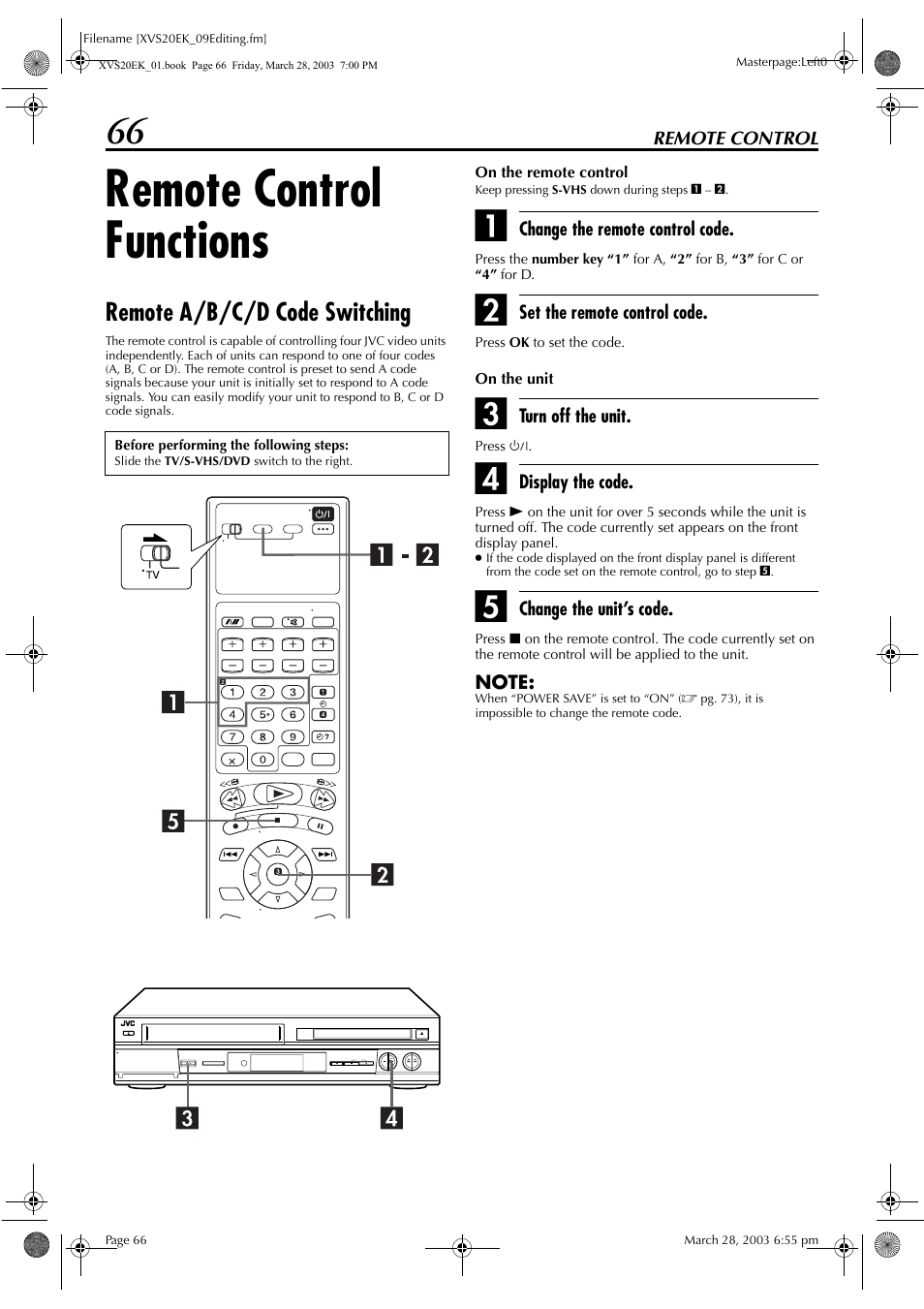 Remote control, Remote control functions, Remote a/b/c/d code switching | JVC HR-XVS20EK User Manual | Page 66 / 100