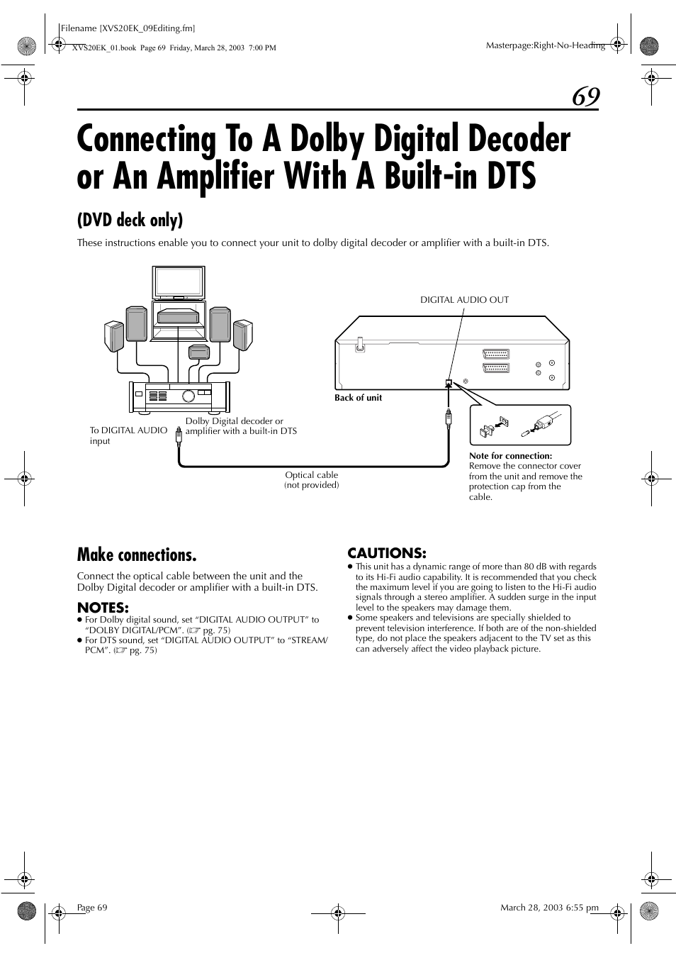 Make connections, Connecting to a dolby digital decoder or, An amplifier with a built-in dts (dvd deck only) | Dvd deck only) | JVC HR-XVS20EK User Manual | Page 69 / 100