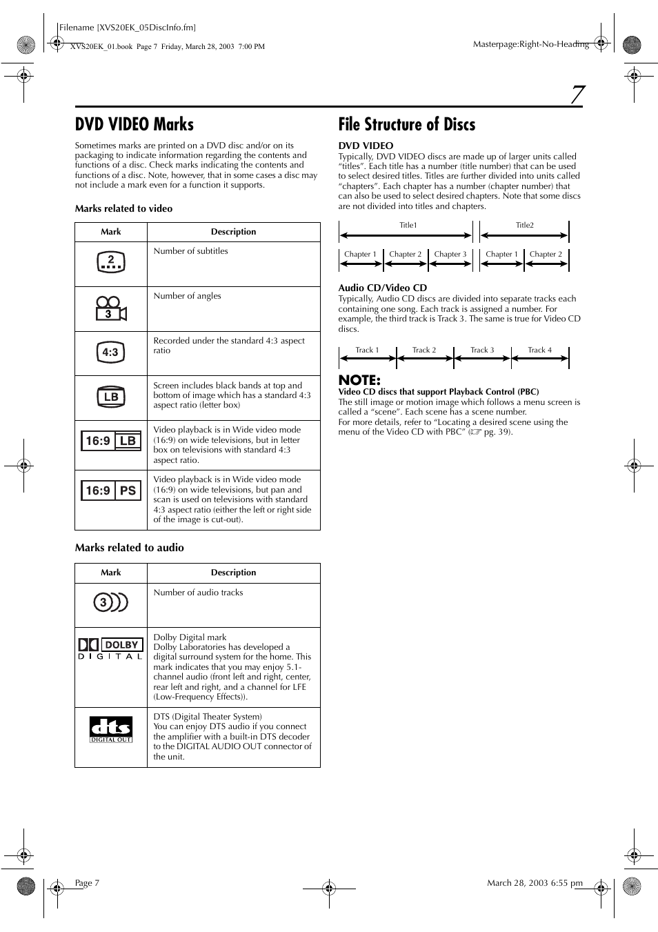 Dvd video marks, File structure of discs | JVC HR-XVS20EK User Manual | Page 7 / 100