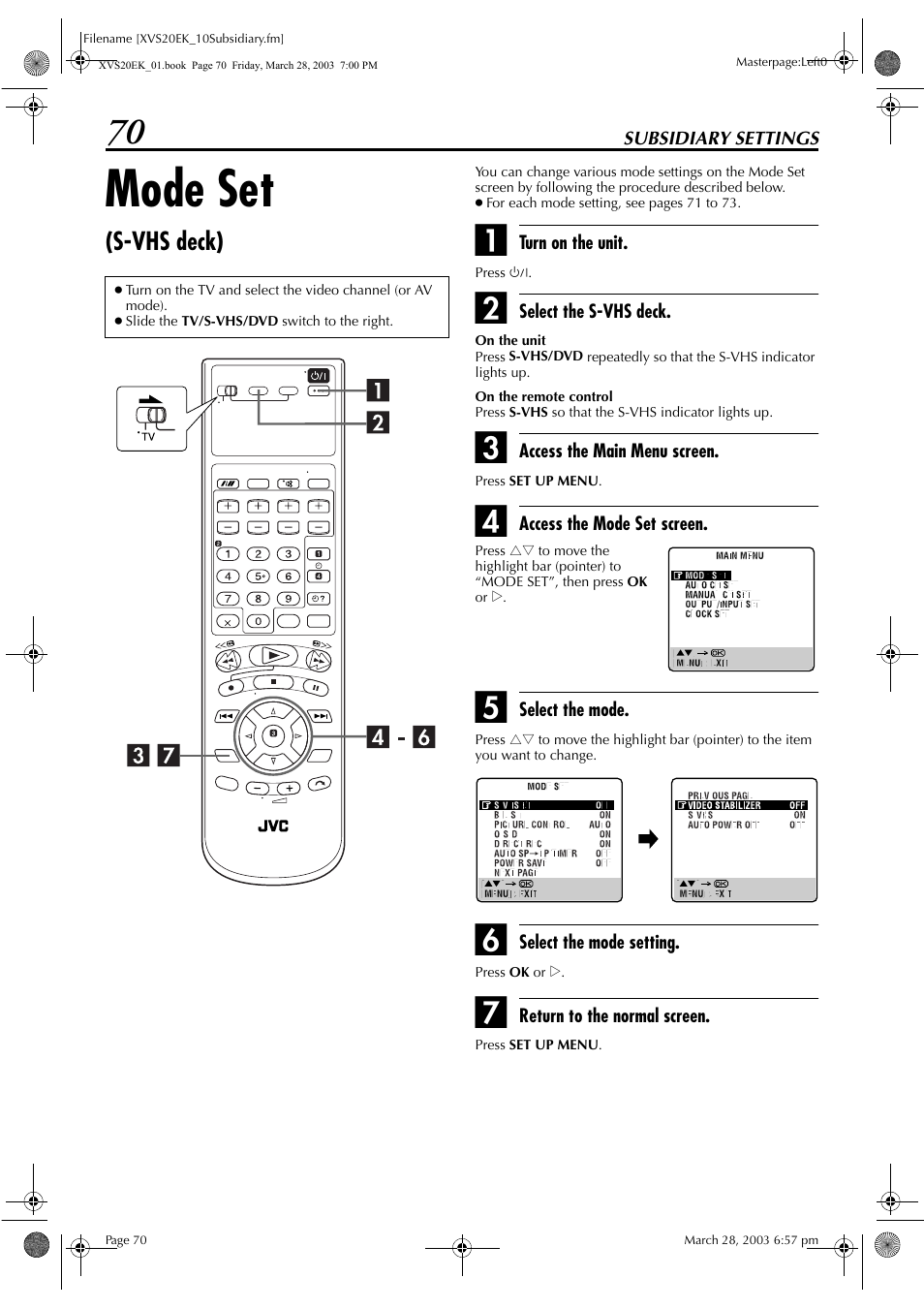 Subsidiary settings, Mode set (s-vhs deck), Mode set | JVC HR-XVS20EK User Manual | Page 70 / 100
