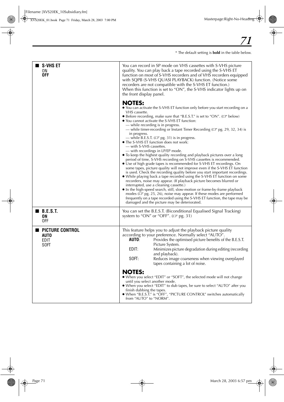 Pg. 71, 73, Pg. 71, Pg. 71) | Preference, To “off, See “picture control | JVC HR-XVS20EK User Manual | Page 71 / 100
