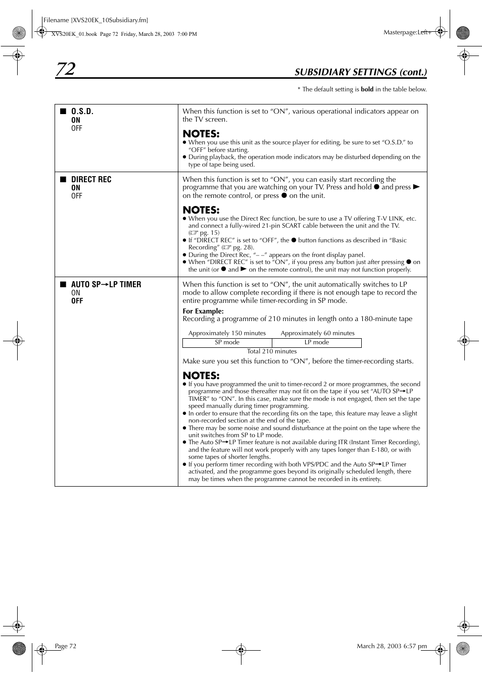 Pg. 72), Set to “on”), Is set to “on | Pg. 72), “m, C” is set to “on, Pg. 72), if y, En will be recorded, Ting, Subsidiary settings (cont.) | JVC HR-XVS20EK User Manual | Page 72 / 100
