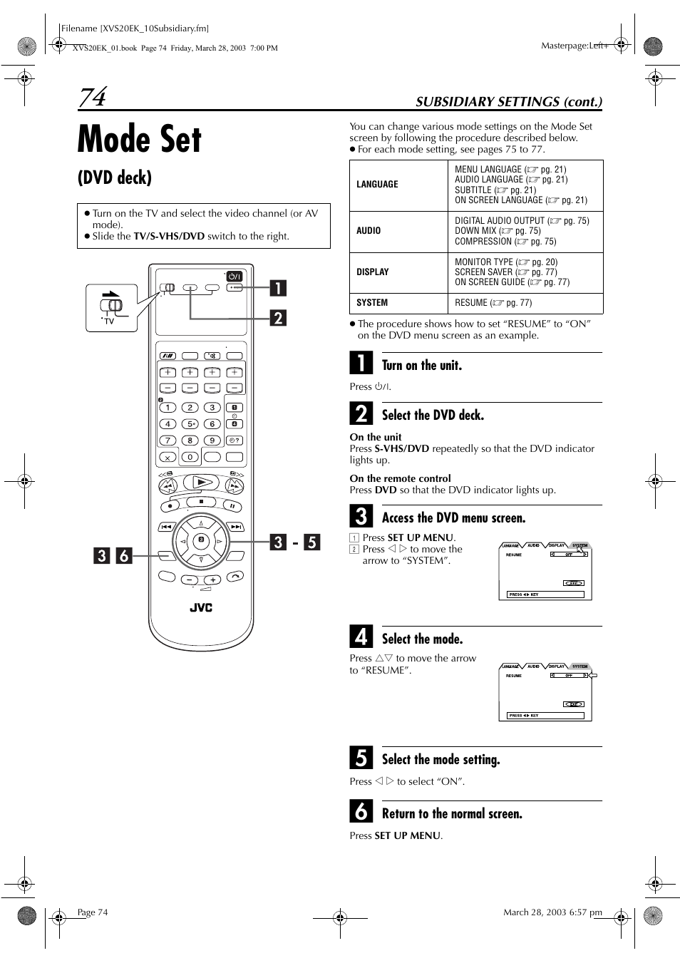 Mode set (dvd deck), Mode set, Dvd deck) | JVC HR-XVS20EK User Manual | Page 74 / 100