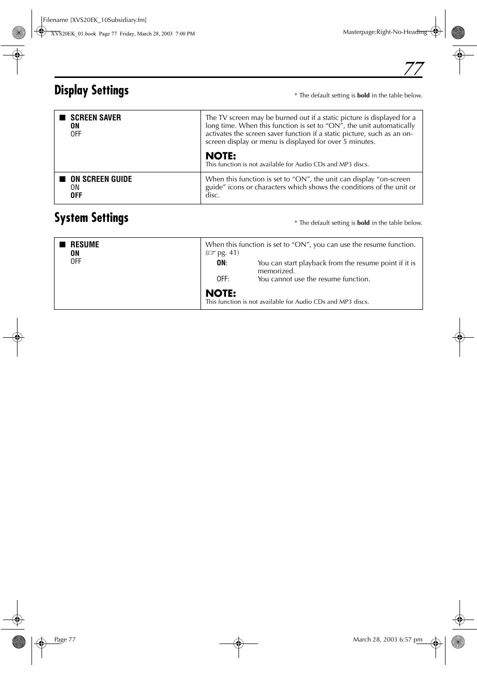 Esume” to “on, Pg. 77), To 77 | Display settings, System settings | JVC HR-XVS20EK User Manual | Page 77 / 100