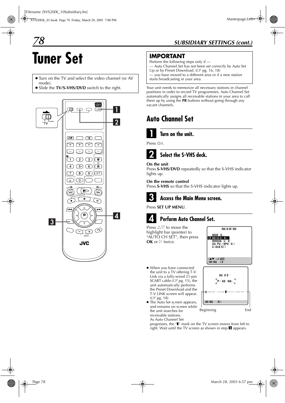 Tuner set, Auto channel set, Pg. 78 | Tting, Pg. 78) and | JVC HR-XVS20EK User Manual | Page 78 / 100
