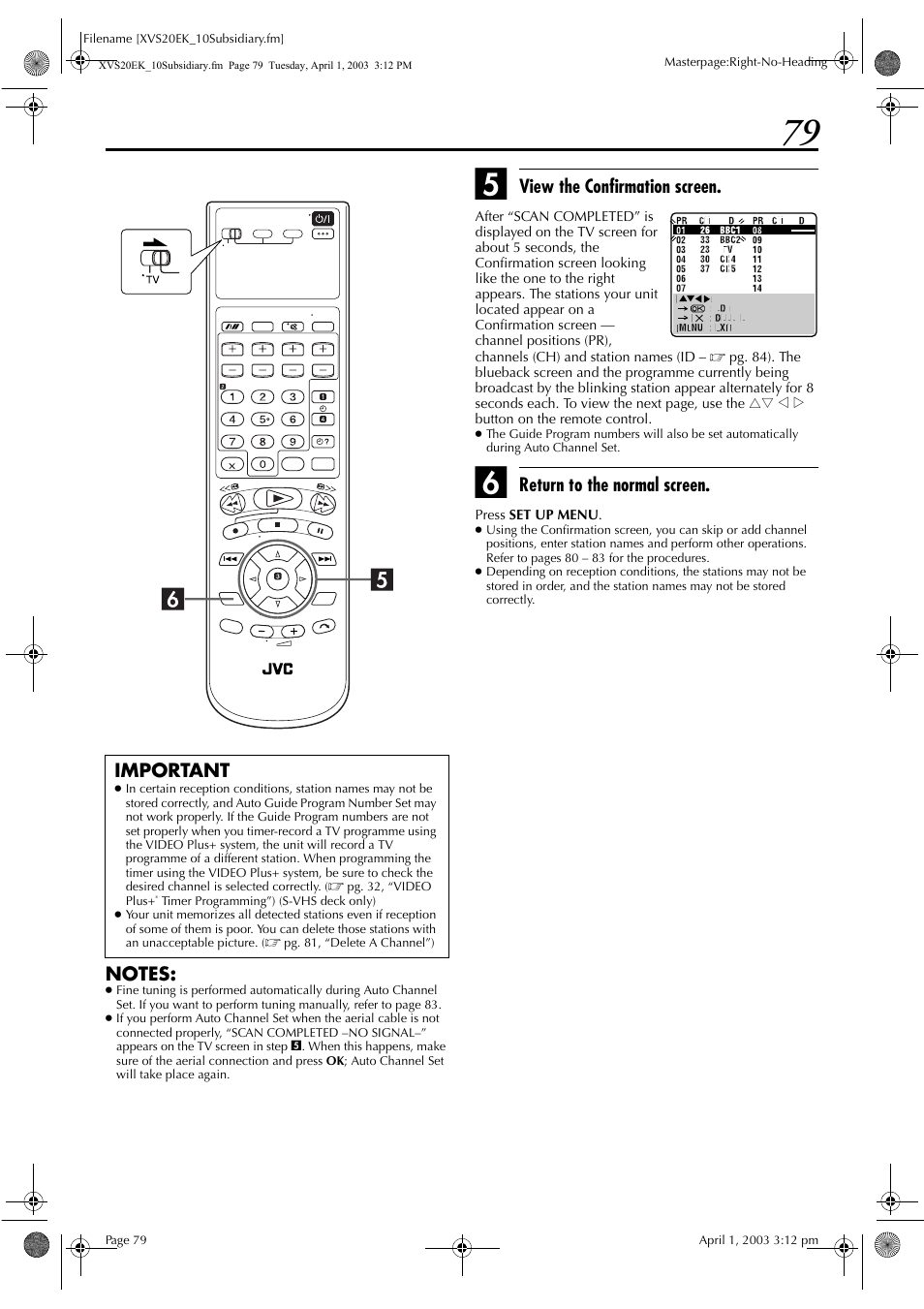 View the confirmation screen, Return to the normal screen, Important | JVC HR-XVS20EK User Manual | Page 79 / 100