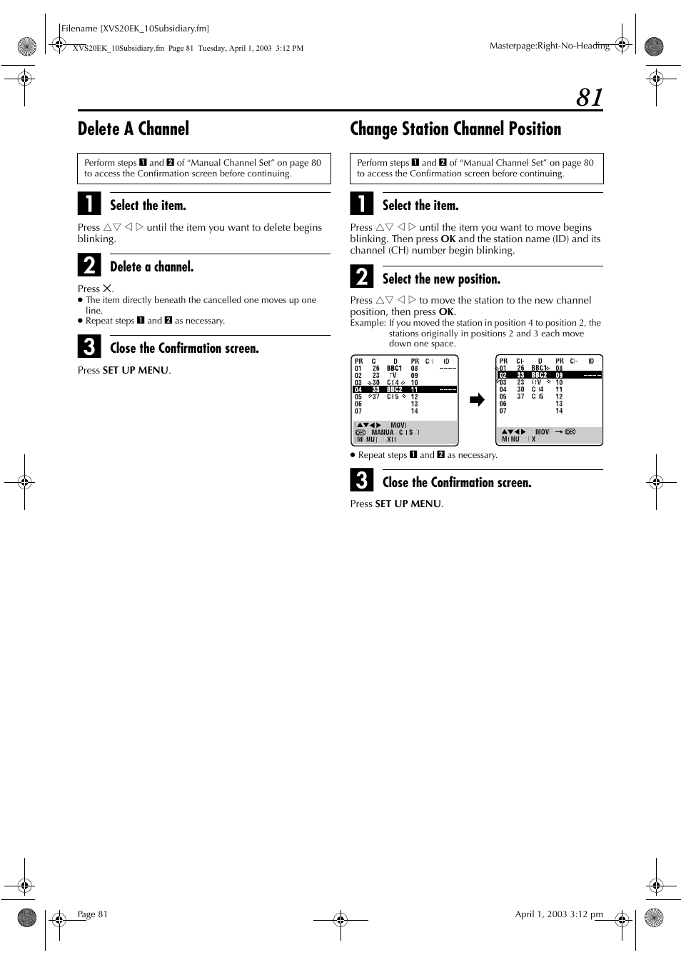 Delete a channel, Change station channel position, Pg. 81, “delete a channel”) | Ee “change station channel position, Pg. 81) | JVC HR-XVS20EK User Manual | Page 81 / 100