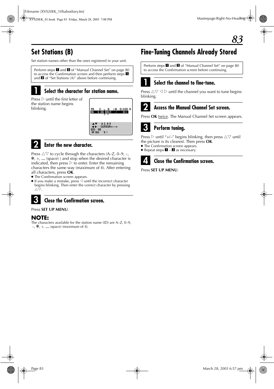 Set stations (b), Fine-tuning channels already stored, Pg. 83) | Unit, see “set stations (b) | JVC HR-XVS20EK User Manual | Page 83 / 100