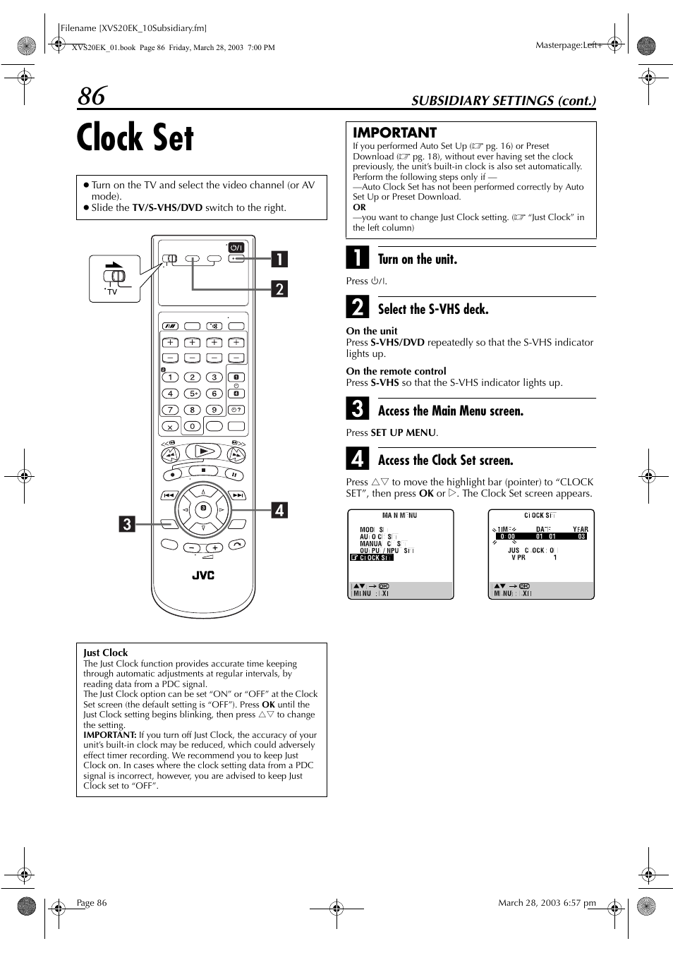 Clock set, Pg. 86, Pg. 86, “just | Clock”), Pg. 86) does not w, Pg. 86) does no | JVC HR-XVS20EK User Manual | Page 86 / 100