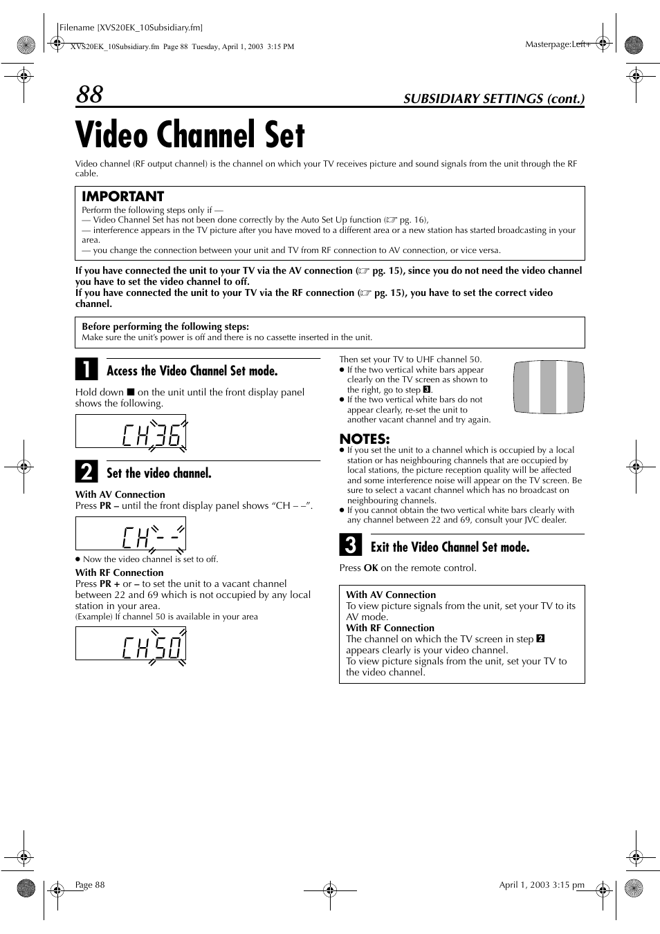 Video channel set, Pg. 88, Setting | Pg. 88) | JVC HR-XVS20EK User Manual | Page 88 / 100