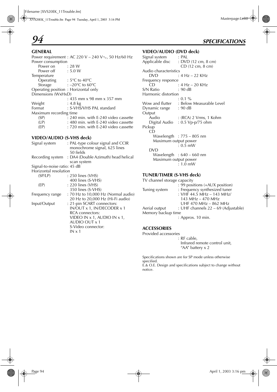 Specifications, Specifications 94 | JVC HR-XVS20EK User Manual | Page 94 / 100