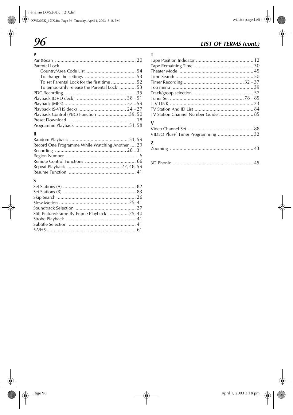 List of terms (cont.) | JVC HR-XVS20EK User Manual | Page 96 / 100