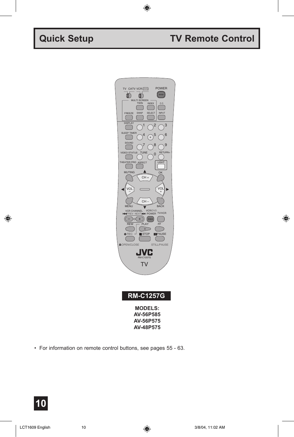 Quick setup tv remote control, Rm-c1257g | JVC AV 56P575 User Manual | Page 10 / 72