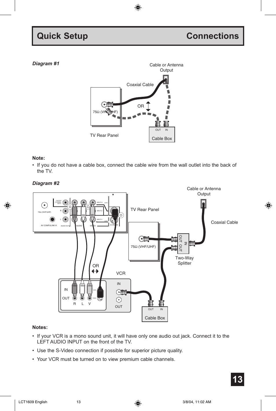 Quick setup connections, Diagram #1 | JVC AV 56P575 User Manual | Page 13 / 72