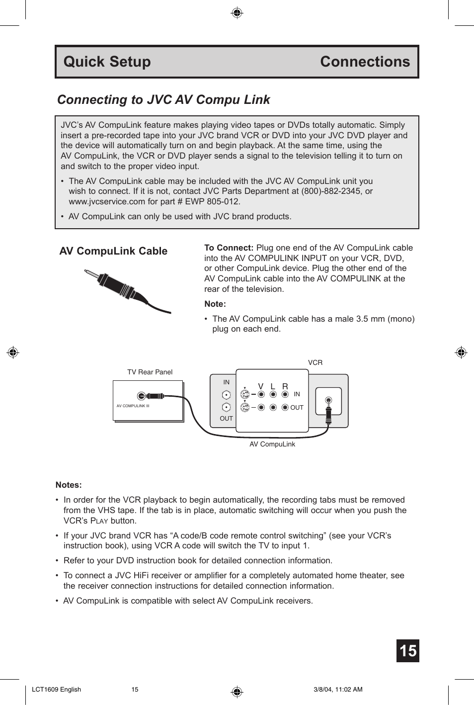 Quick setup connections, Connecting to jvc av compu link, Av compulink cable | JVC AV 56P575 User Manual | Page 15 / 72