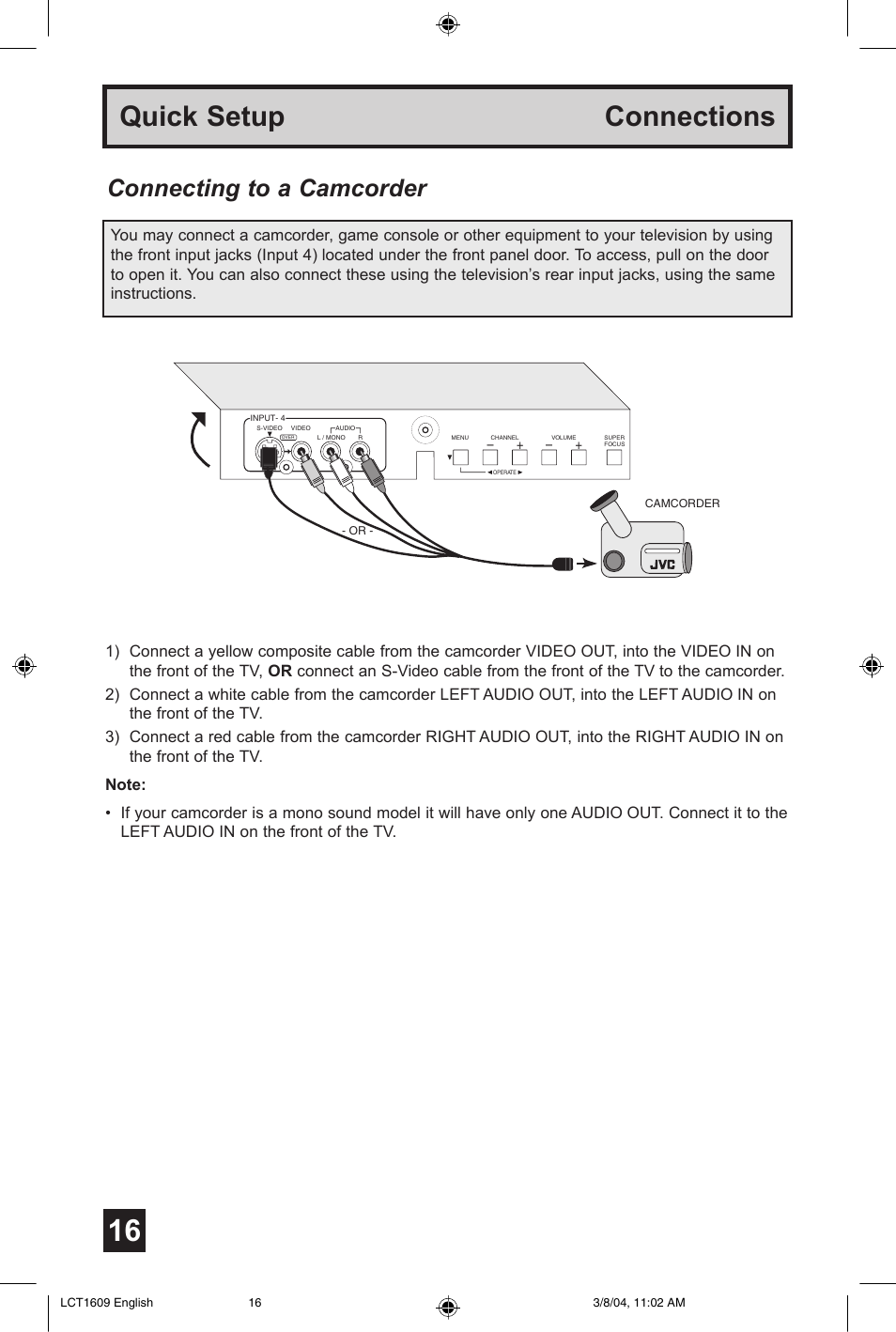 Quick setup connections, Connecting to a camcorder | JVC AV 56P575 User Manual | Page 16 / 72