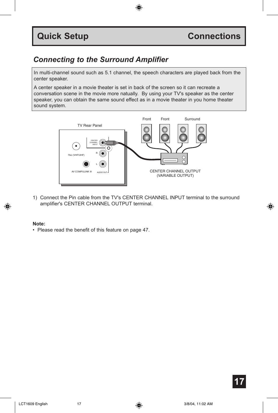 Quick setup connections, Connecting to the surround amplifier | JVC AV 56P575 User Manual | Page 17 / 72