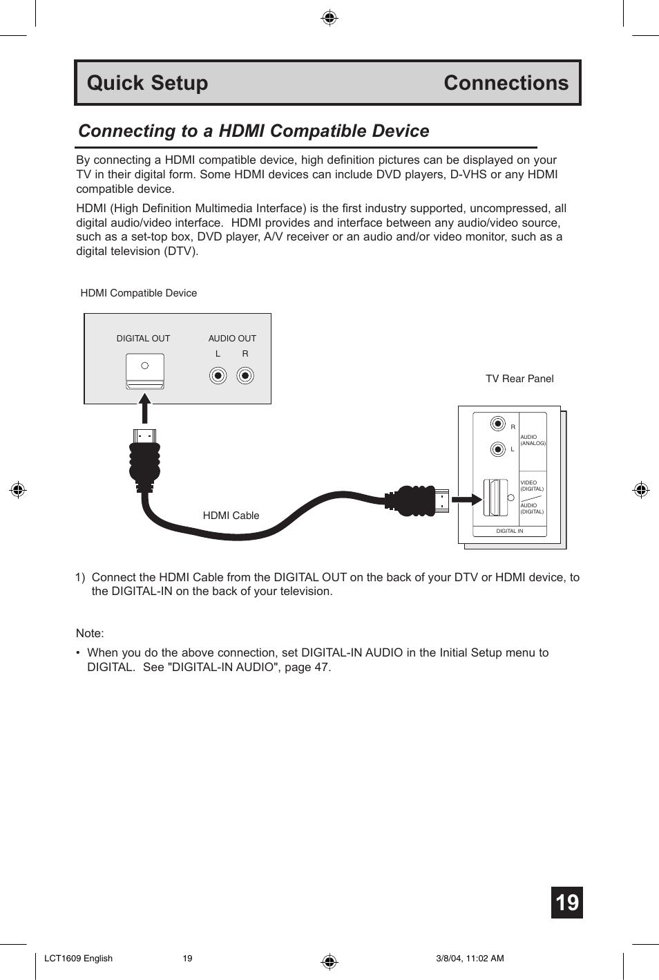 Quick setup connections, Connecting to a hdmi compatible device | JVC AV 56P575 User Manual | Page 19 / 72