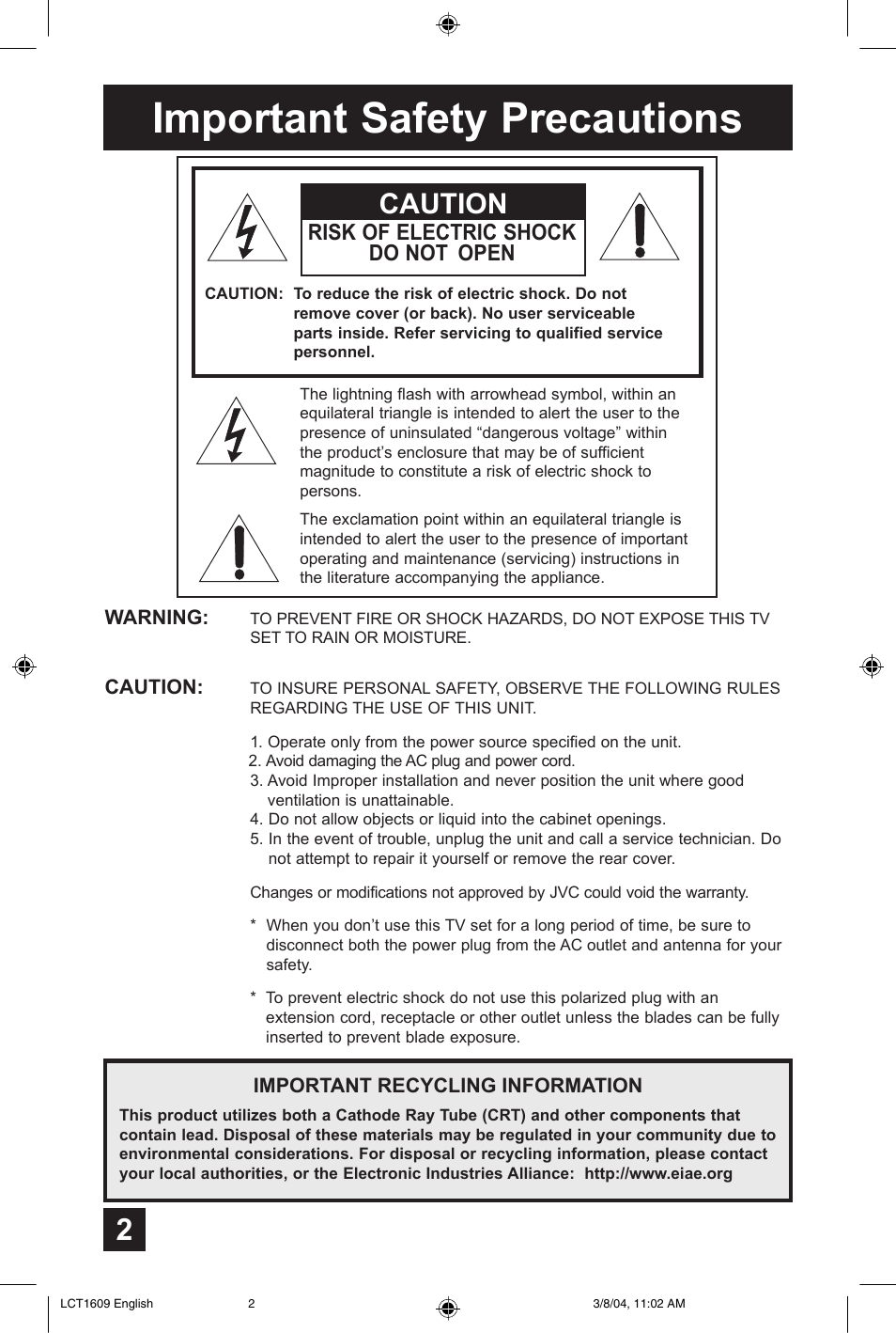 Important safety precautions, Caution, Risk of electric shock do not open | JVC AV 56P575 User Manual | Page 2 / 72