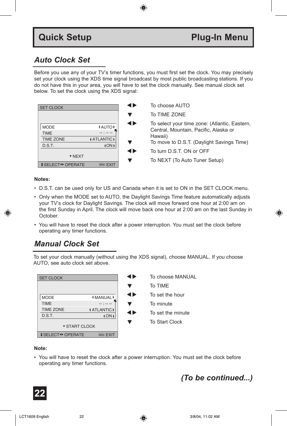 Quick setup plug-in menu, Manual clock set, Auto clock set (to be continued...) | JVC AV 56P575 User Manual | Page 22 / 72