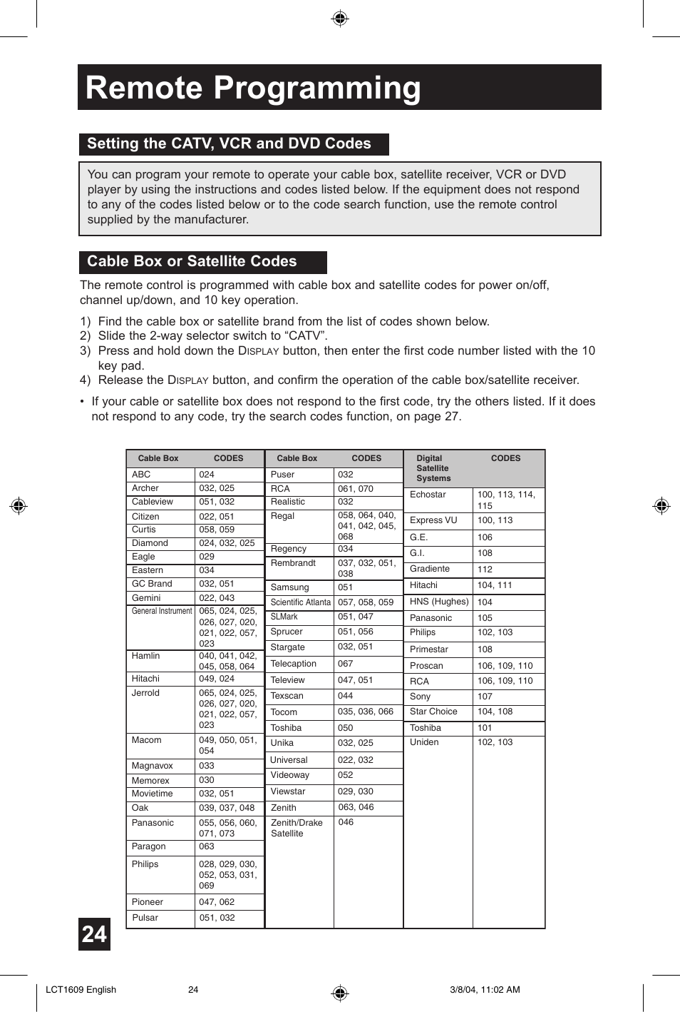 Remote programming | JVC AV 56P575 User Manual | Page 24 / 72