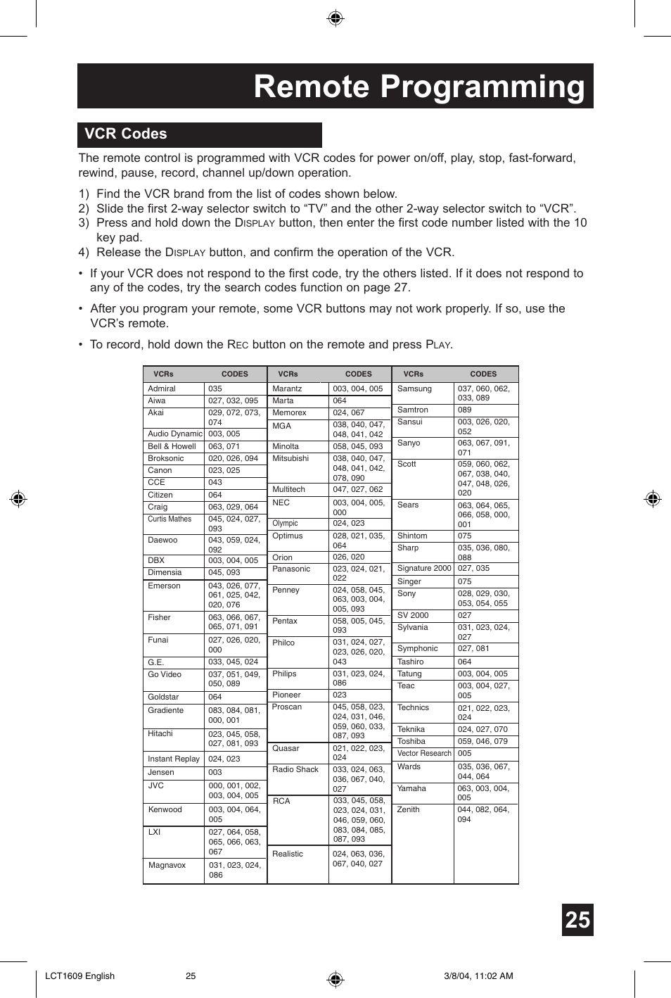 Remote programming, Vcr codes, Button on the remote and press p | JVC AV 56P575 User Manual | Page 25 / 72