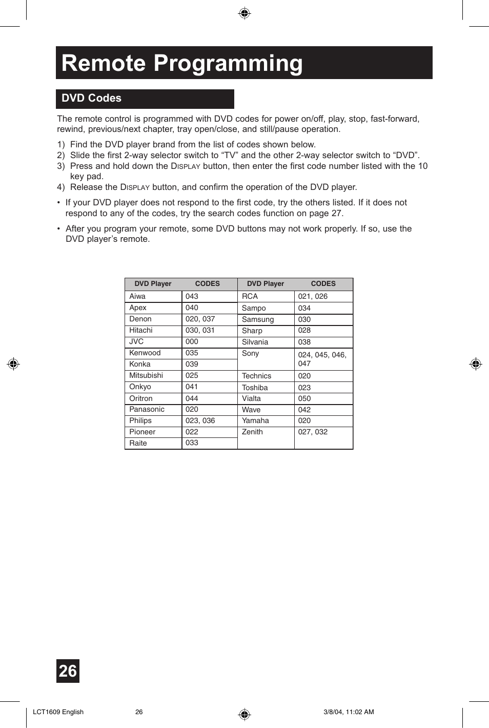 Remote programming, Dvd codes | JVC AV 56P575 User Manual | Page 26 / 72