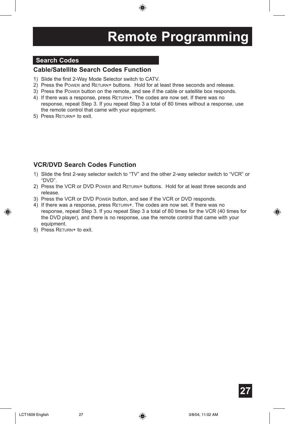 Remote programming, Cable/satellite search codes function, Vcr/dvd search codes function | Search codes | JVC AV 56P575 User Manual | Page 27 / 72