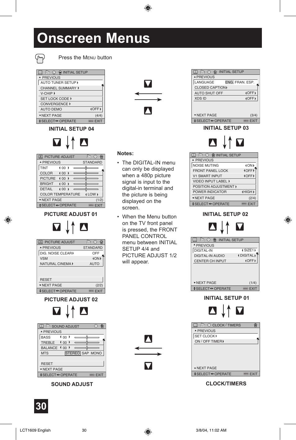 Onscreen menus, Press the m, Button | Clock/timers, Initial setup 03 initial setup 02, Initial setup 01 | JVC AV 56P575 User Manual | Page 30 / 72