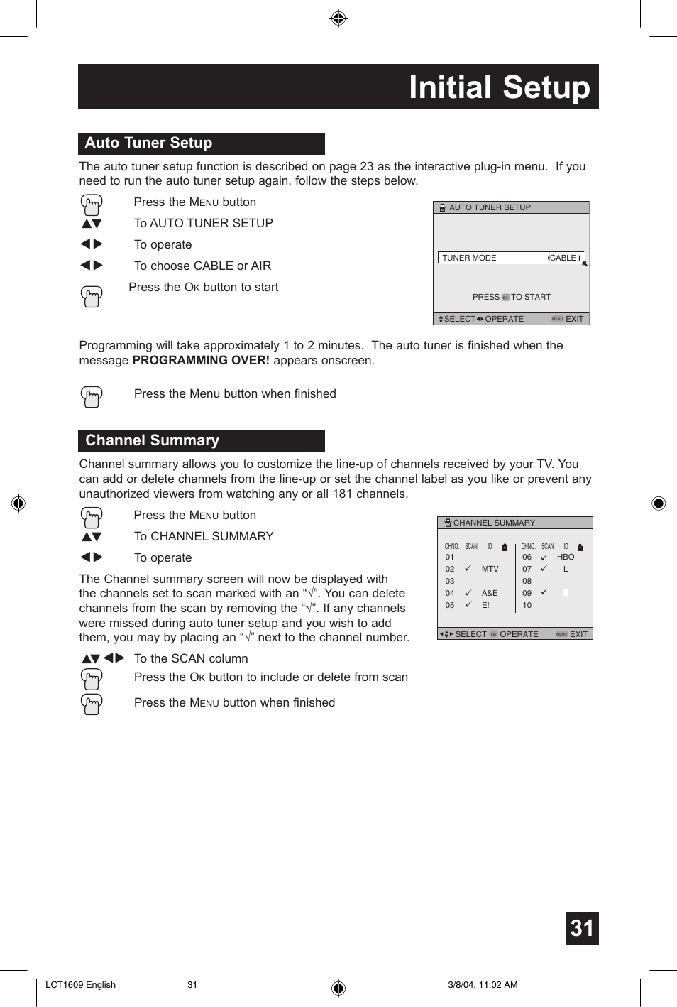 Initial setup, Auto tuner setup, Channel summary | JVC AV 56P575 User Manual | Page 31 / 72